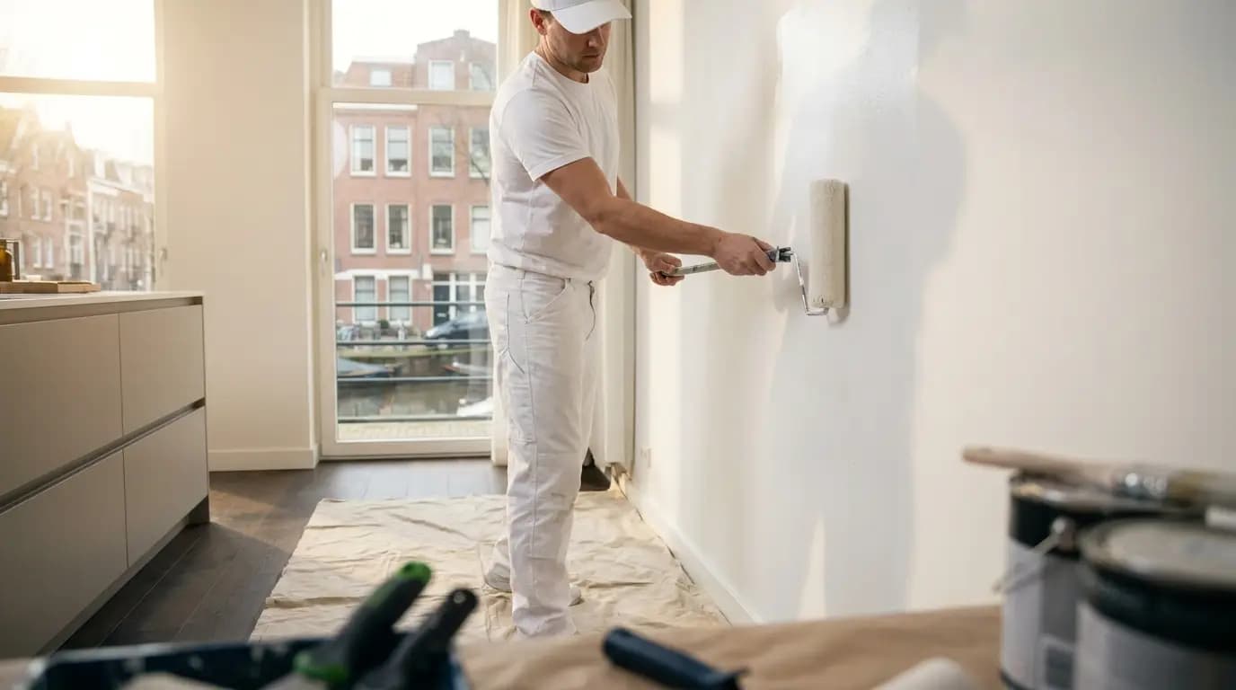 Vakman bezig met keuken schilderen in een Nederlandse woning