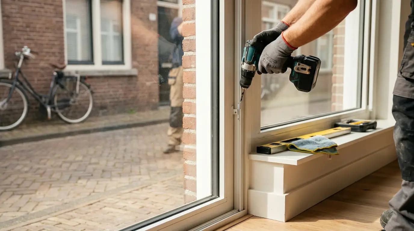 Vakman bezig met zonnescherm schoonmaken in een Nederlandse woning