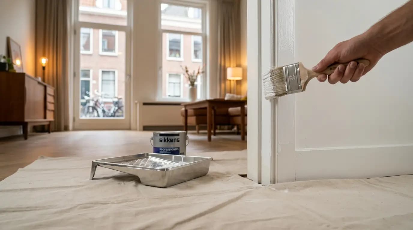 Vakman bezig met deur schilderen in een Nederlandse woning