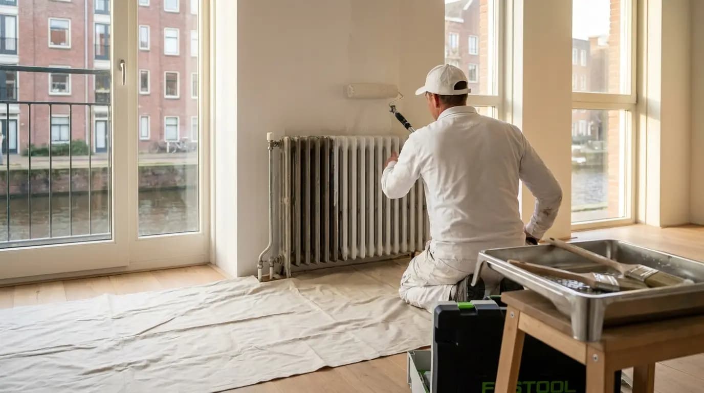 Vakman bezig met radiator verven in een Nederlandse woning