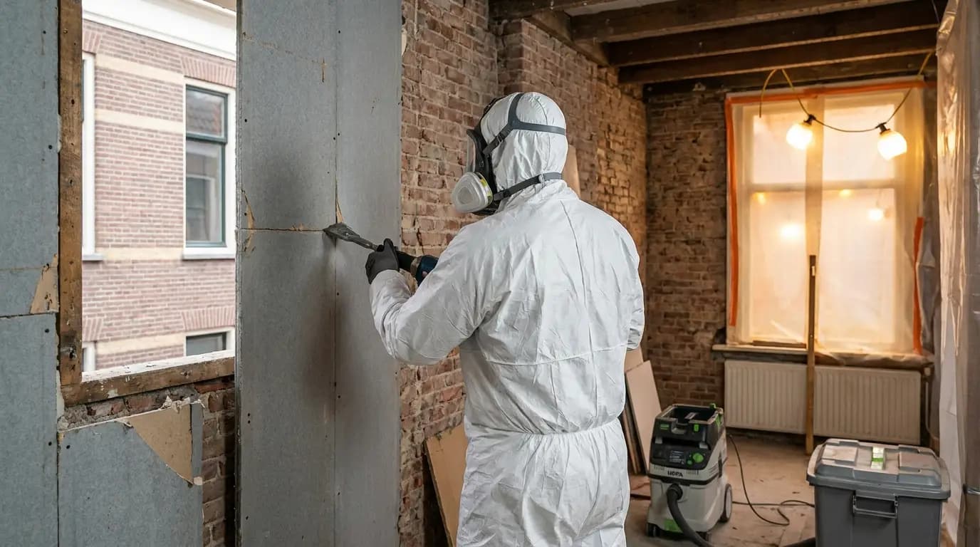 Vakman bezig met asbest verwijderen in een Nederlandse woning