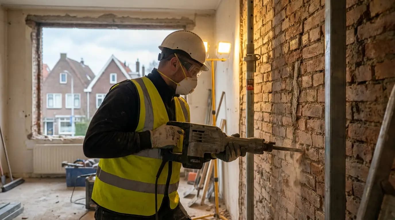 Vakman bezig met draagmuur verwijderen in een Nederlandse woning