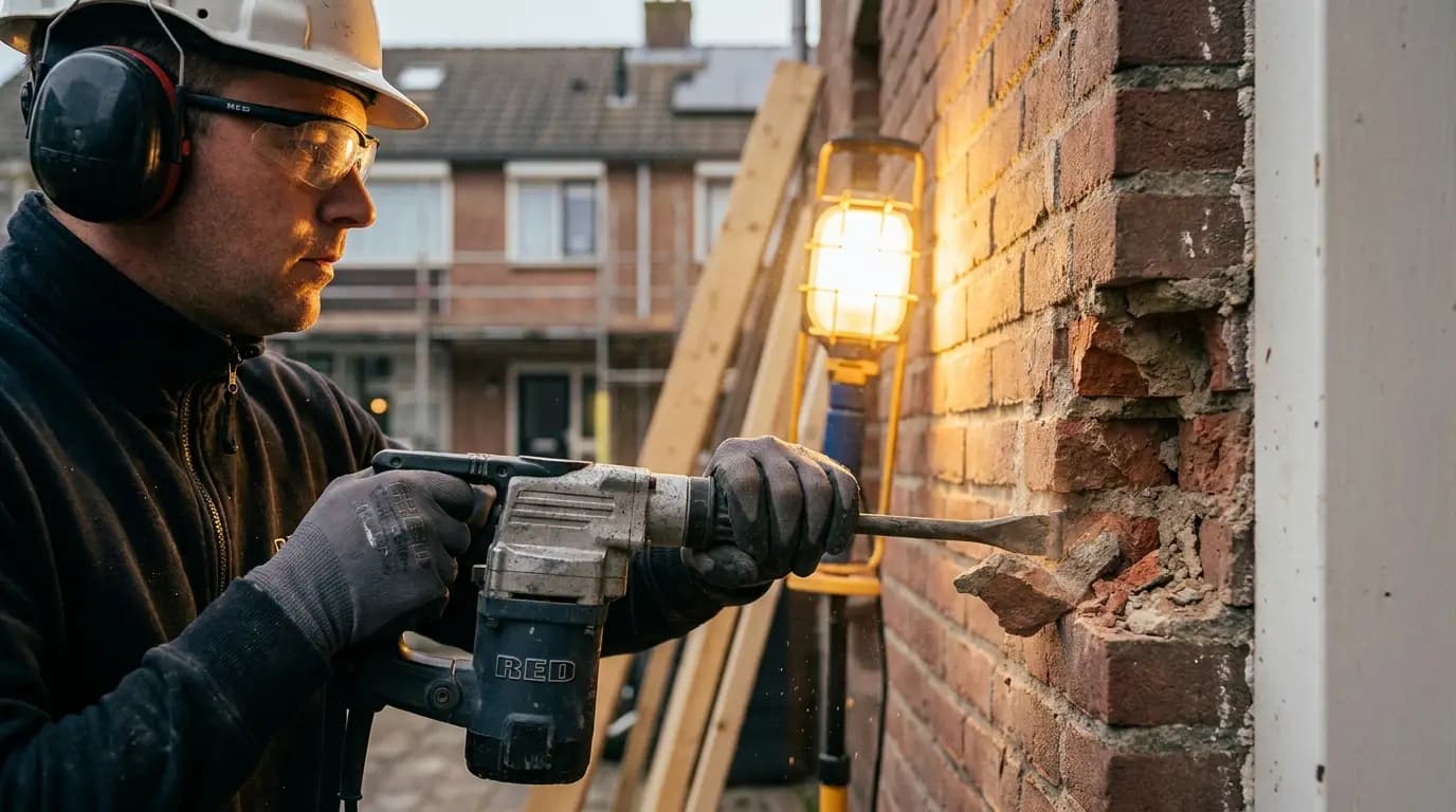 Vakman bezig met bestrating verwijderen in een Nederlandse woning