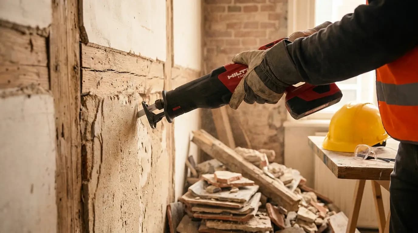 Vakman bezig met van een huis slopen in een Nederlandse woning