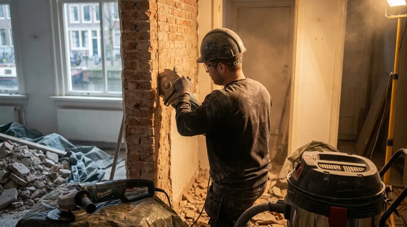Vakman bezig met muur verwijderen in een Nederlandse woning