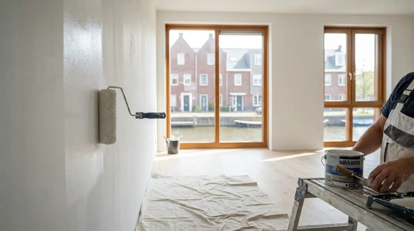 Vakman bezig met gipsplaten schilderen in een Nederlandse woning
