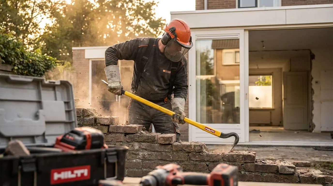 Vakman bezig met van een tuin leeghalen in een Nederlandse woning