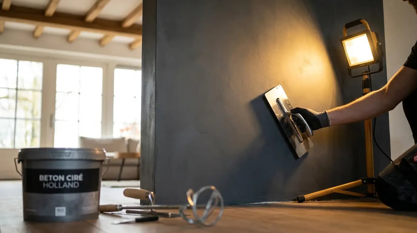 Vakman bezig met beton ciré aanbrengen in een Nederlandse woning