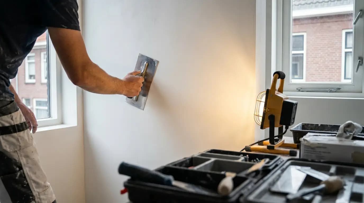 Vakman bezig met badkamer stucen in een Nederlandse woning