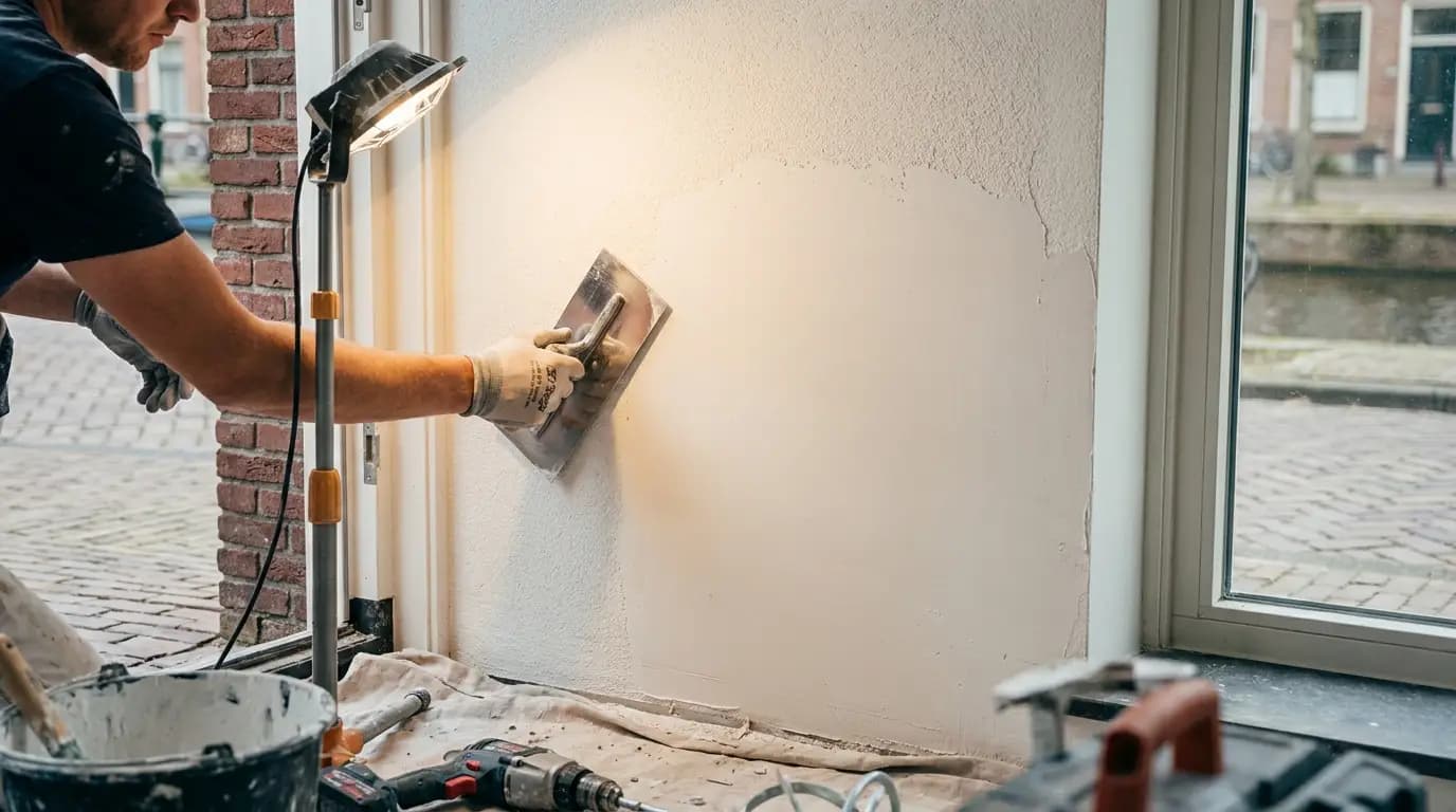 Vakman bezig met spackspuitwerk in een Nederlandse woning