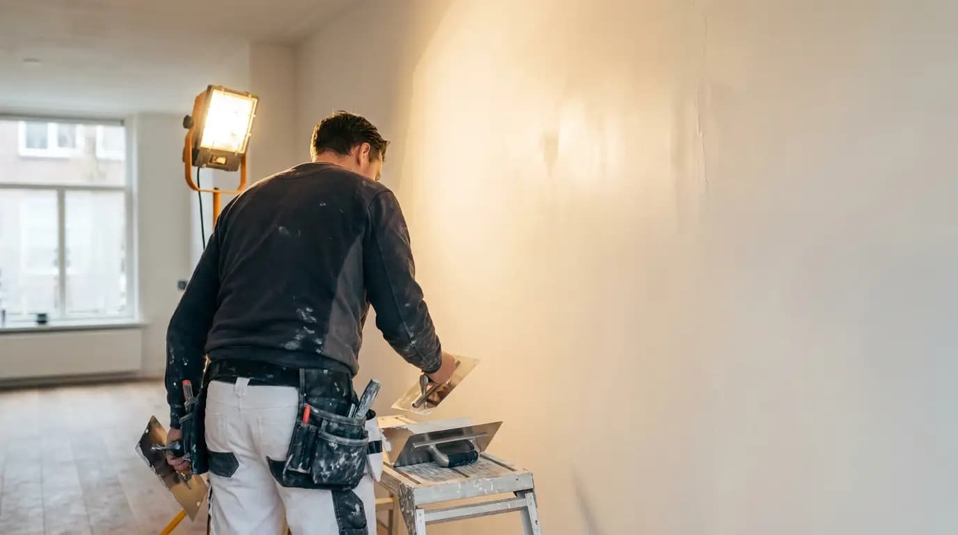 Vakman bezig met stukadoor inhuren in een Nederlandse woning