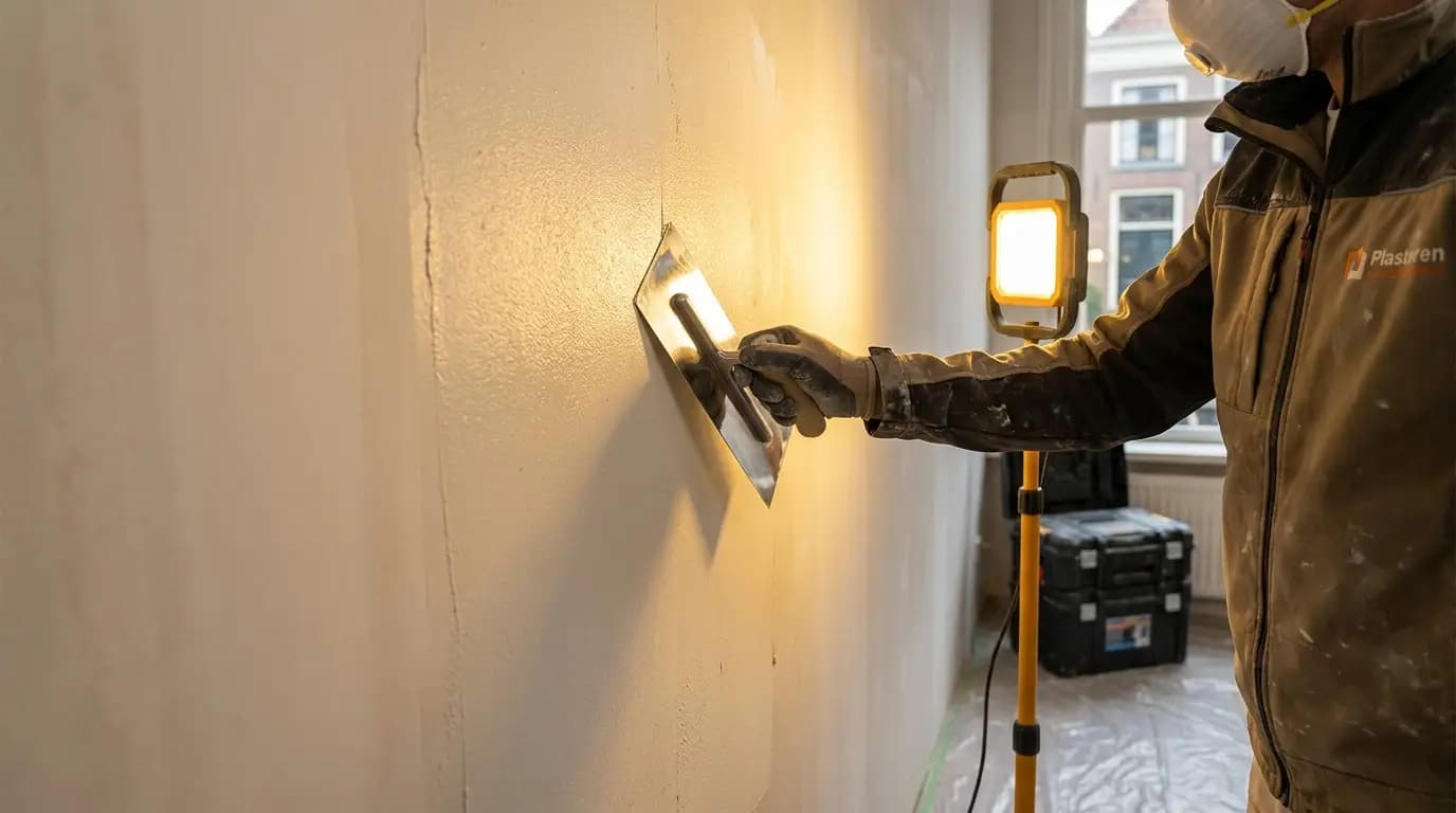 Vakman bezig met spachtelputz aanbrengen in een Nederlandse woning