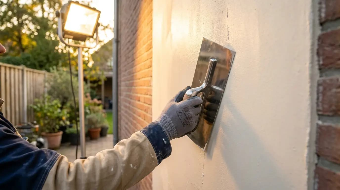 Vakman bezig met stucwerk buiten in een Nederlandse woning