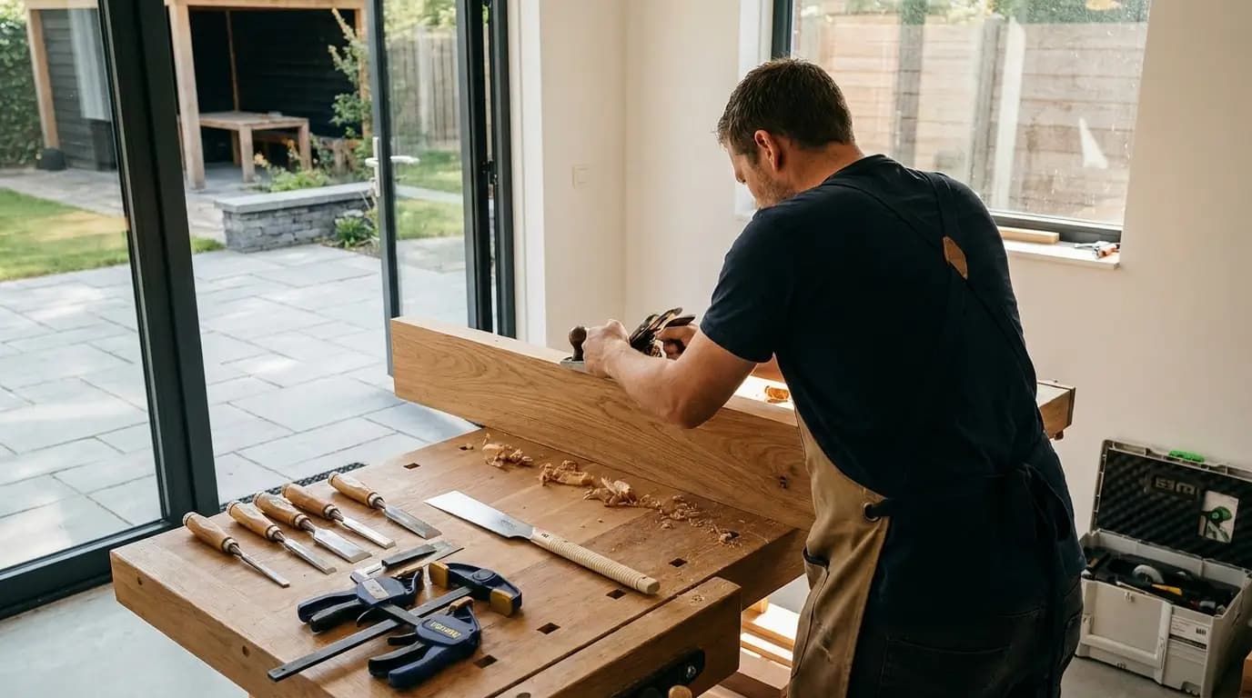 Vakman bezig met buitenkeuken maken in een Nederlandse woning