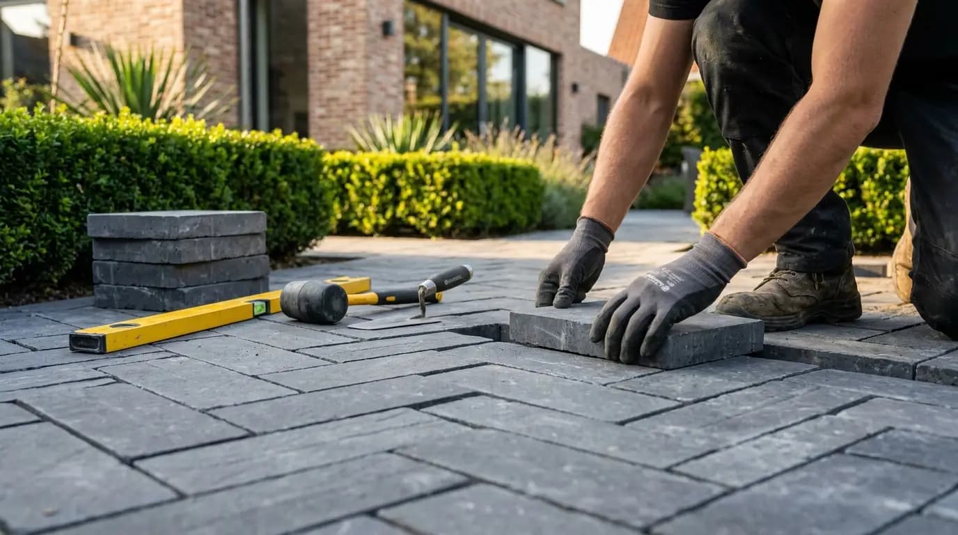 Vakman bezig met terras aanleggen in een Nederlandse woning