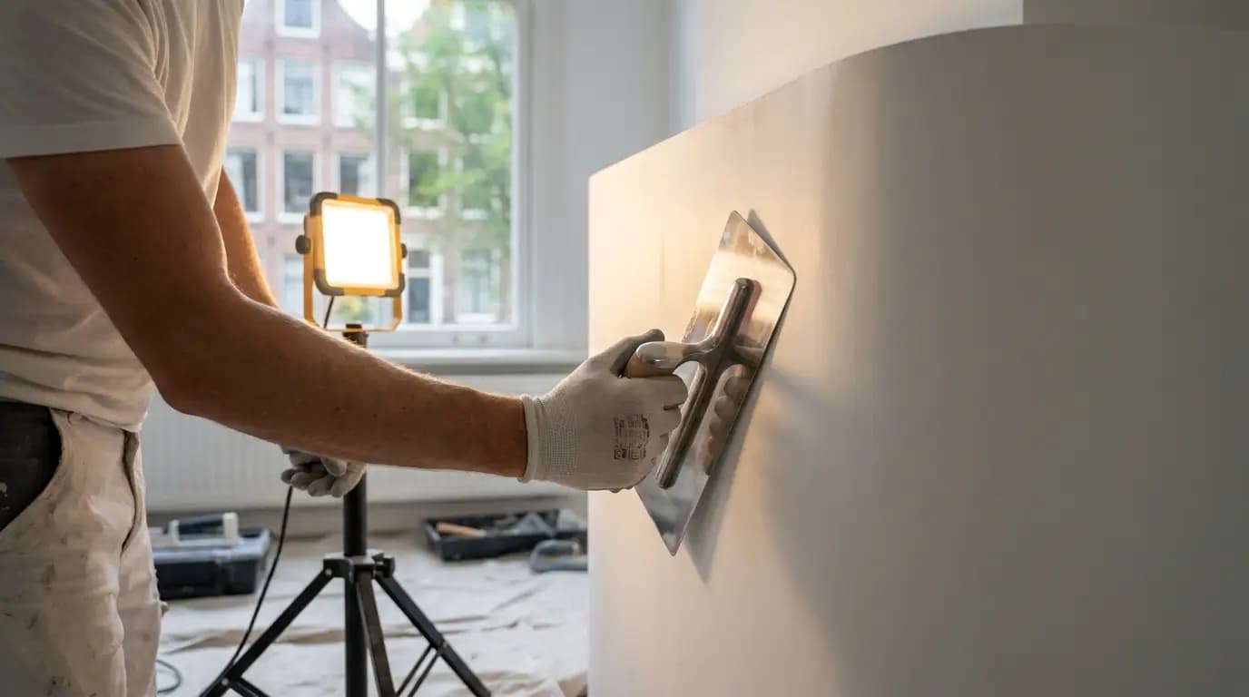 Vakman bezig met plafond stucen in een Nederlandse woning