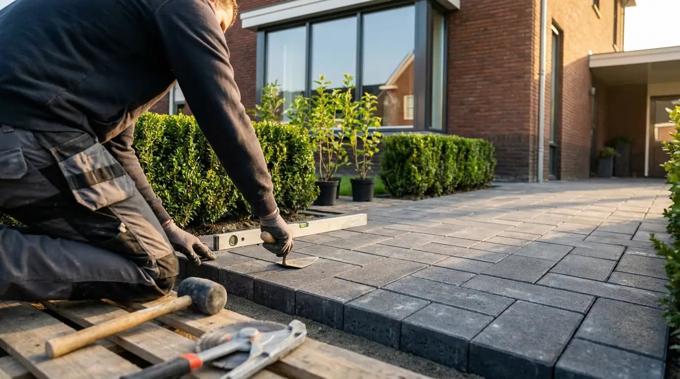 Vakman bezig met voortuin aanleggen in een Nederlandse woning