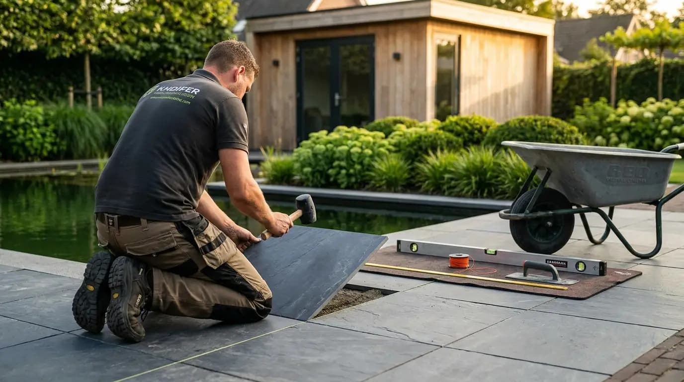 Vakman bezig met zwemvijver aanleggen in een Nederlandse woning
