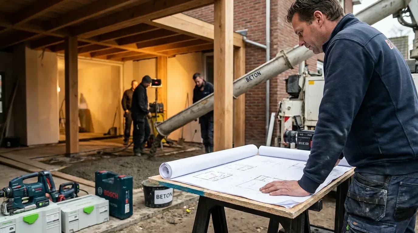 Vakman bezig met beton storten in een Nederlandse woning
