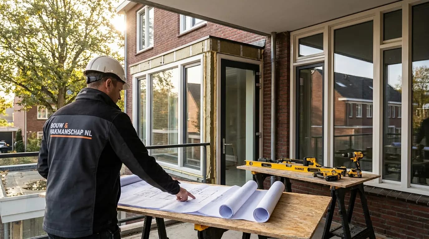 Vakman bezig met balkon dichtmaken in een Nederlandse woning