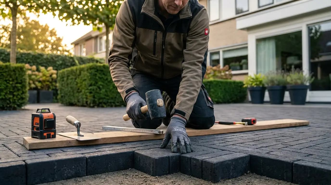 Vakman bezig met grind oprit aanleggen in een Nederlandse woning
