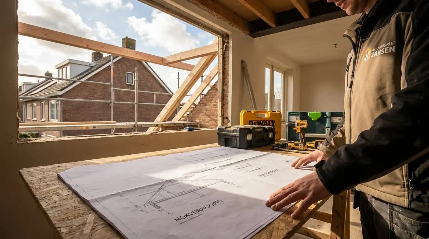 Vakman bezig met nokverhoging in een Nederlandse woning