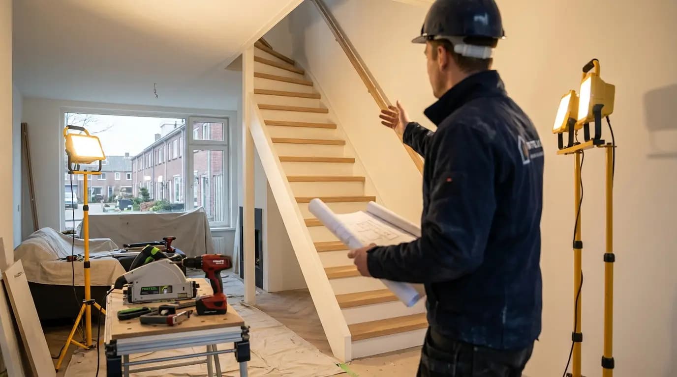 Vakman bezig met vaste trap naar zolder in een Nederlandse woning
