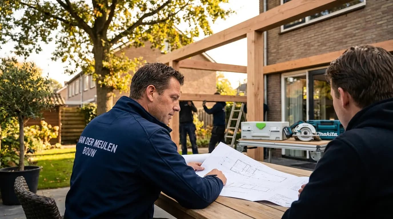 Vakman bezig met terrasoverkapping plaatsen in een Nederlandse woning