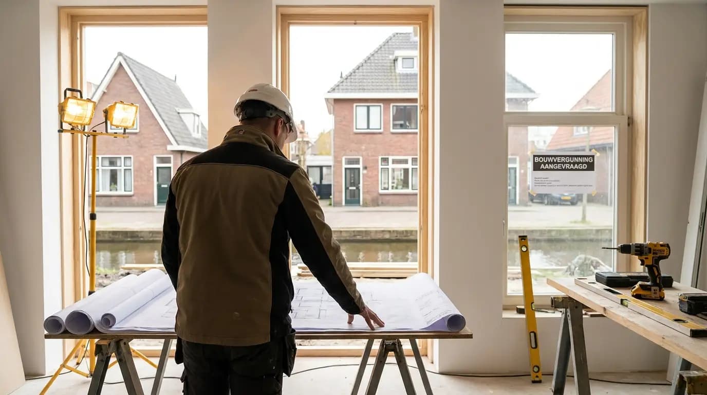 Vakman bezig met bouwvergunning aanvragen in een Nederlandse woning