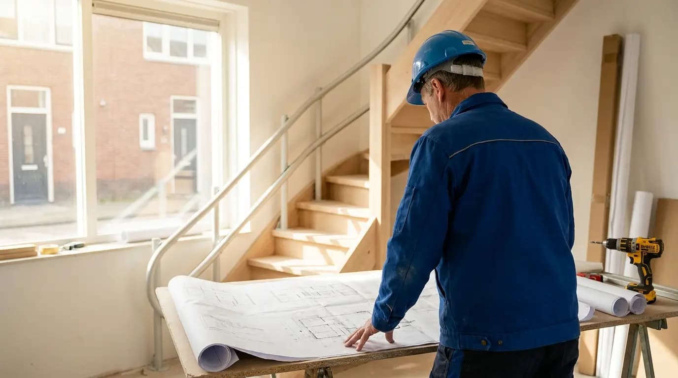 Vakman bezig met voor een traplift in een Nederlandse woning