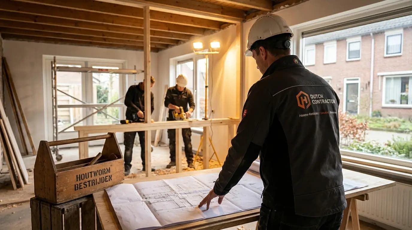 Vakman bezig met houtworm bestrijden in een Nederlandse woning