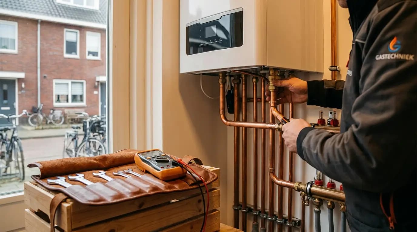 Vakman bezig met gasfornuis aansluiten in een Nederlandse woning