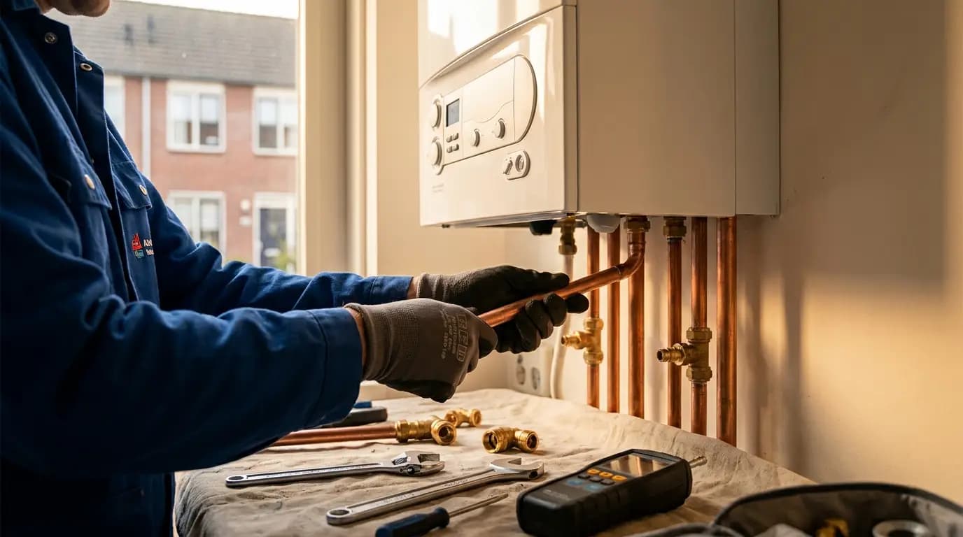 Vakman bezig met houtkachel installeren in een Nederlandse woning