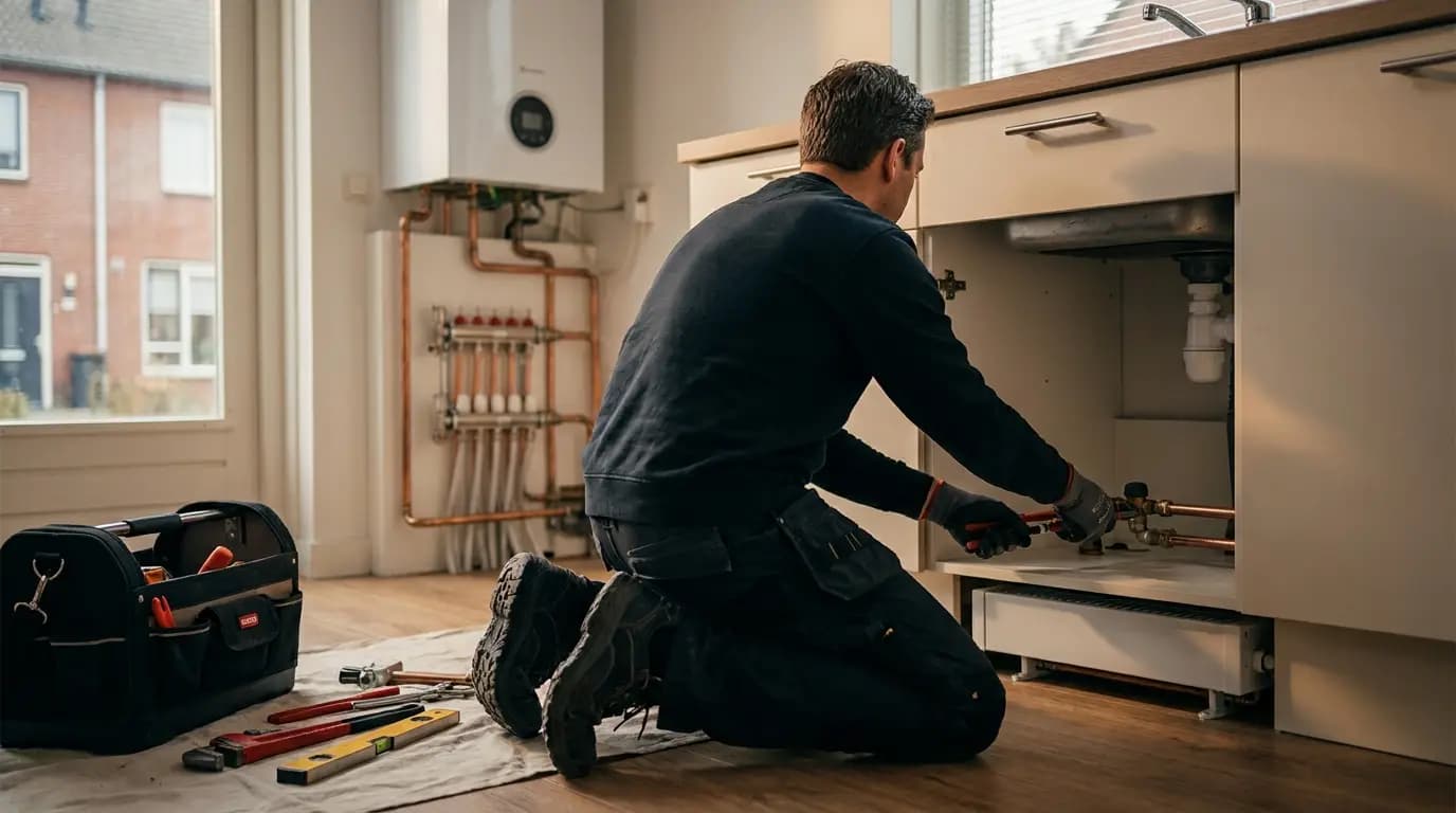 Vakman bezig met plintverwarming aansluiten in een Nederlandse woning