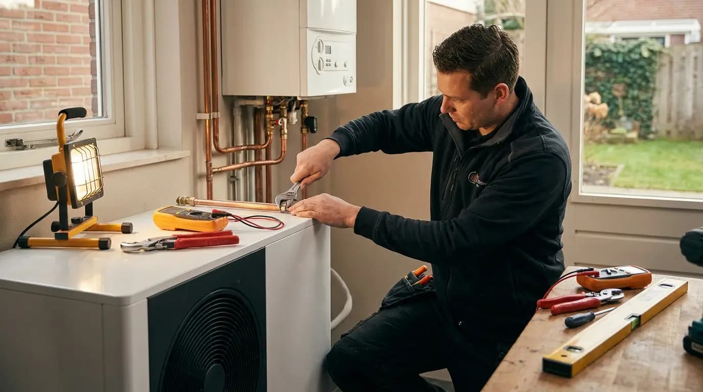 Vakman bezig met wat kost hybride warmtepomp in een Nederlandse woning