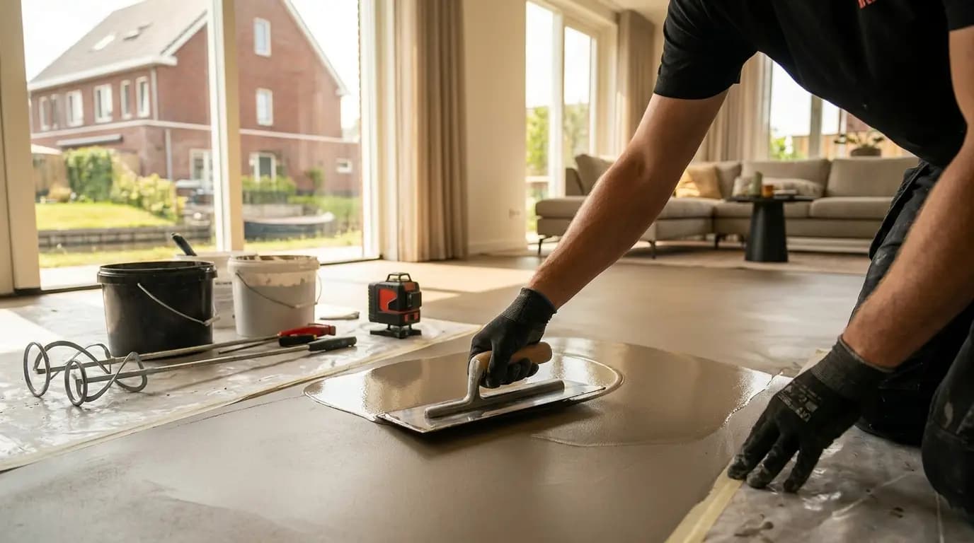 Vakman bezig met gietvloer aanbrengen in een Nederlandse woning