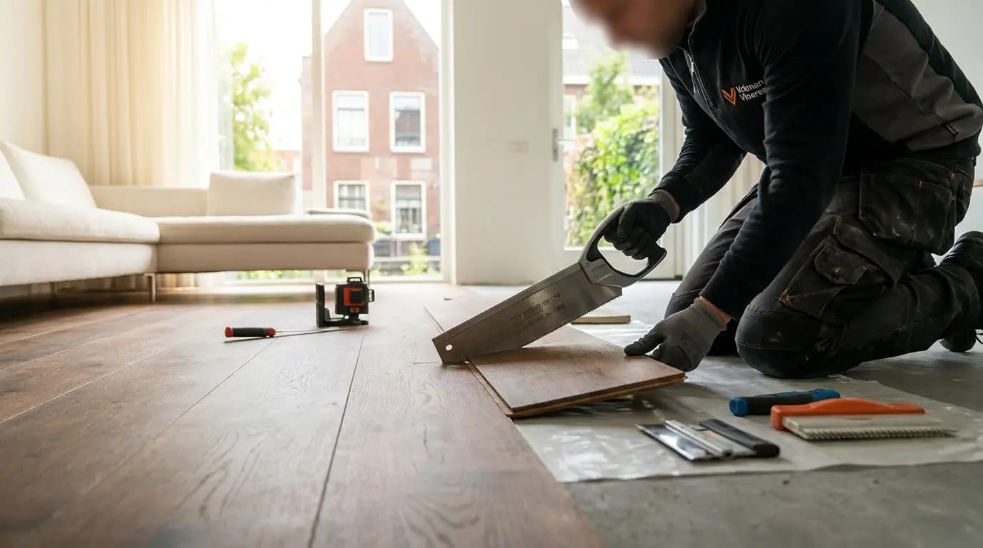 Vakman bezig met cement dekvloer gieten in een Nederlandse woning