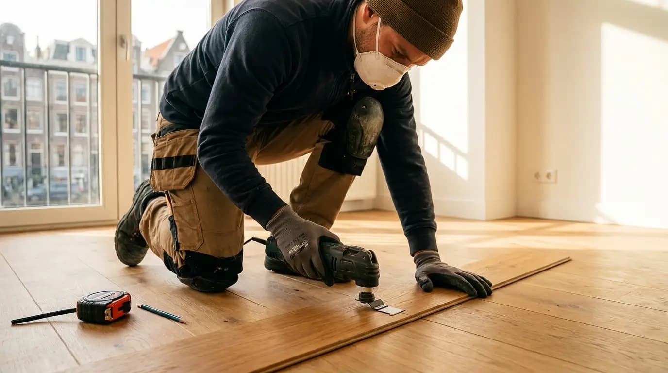 Vakman bezig met linoleum vloer leggen in een Nederlandse woning