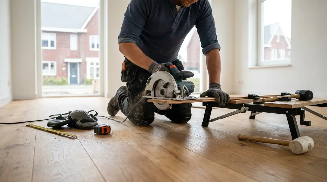 Vakman bezig met tegels keuken leggen in een Nederlandse woning