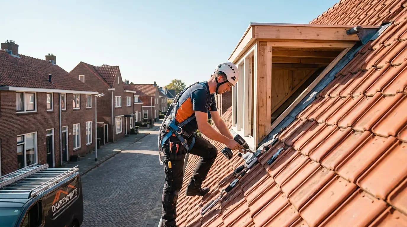 Vakman bezig met dakkapel of dakraam repareren aan een Nederlandse woning