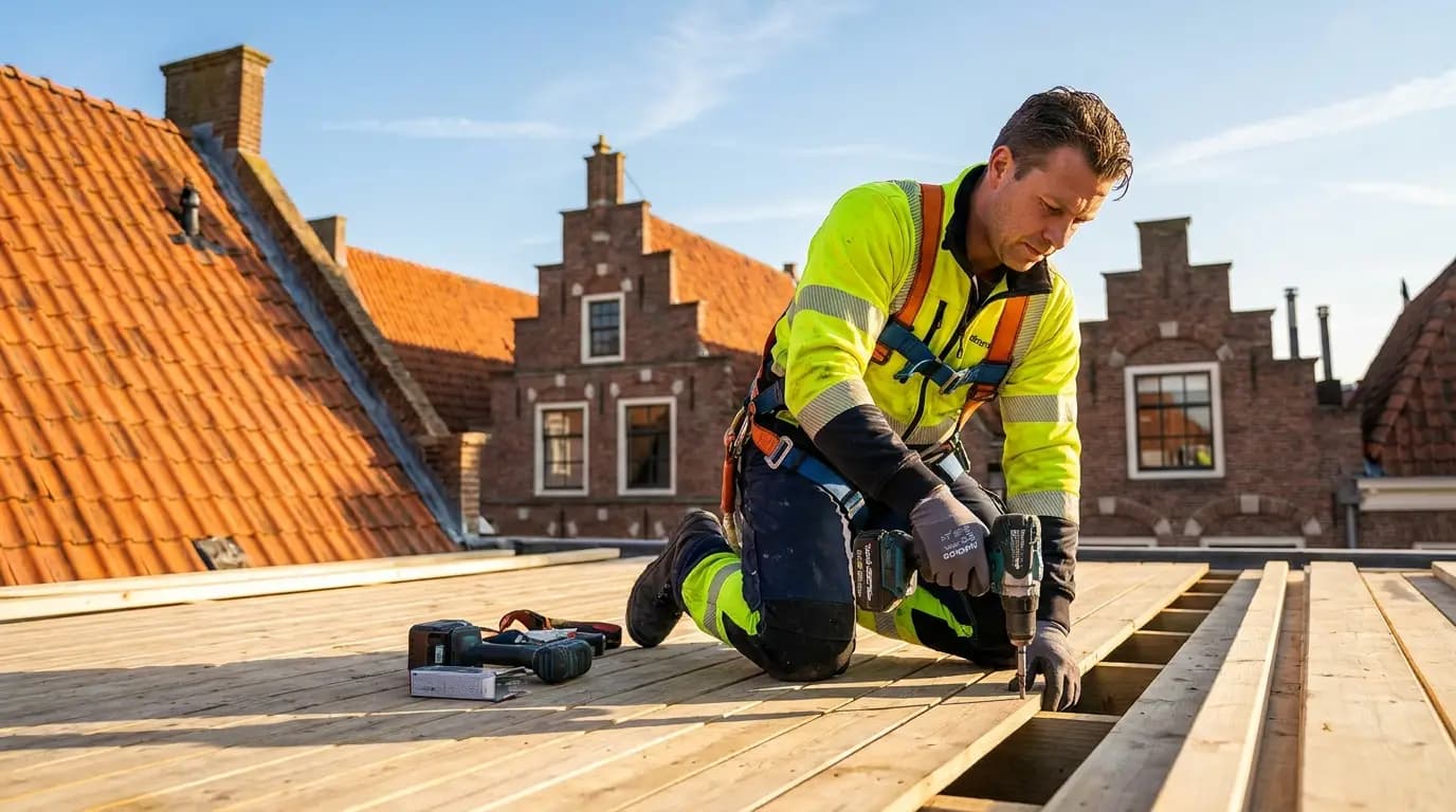 Vakman bezig met dakterras aanleggen op een Nederlands woonhuis