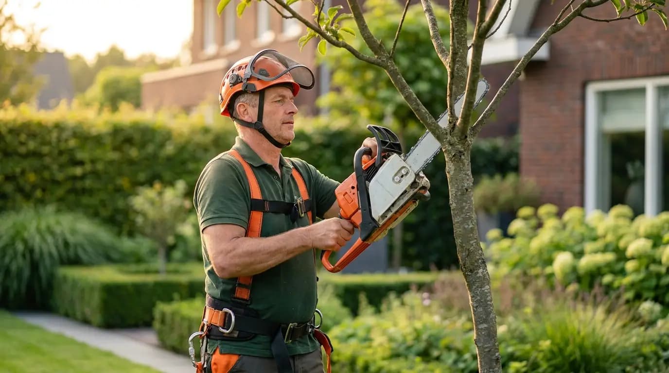 Vakman bezig met bomen snoeien of verwijderen in een Nederlandse tuin
