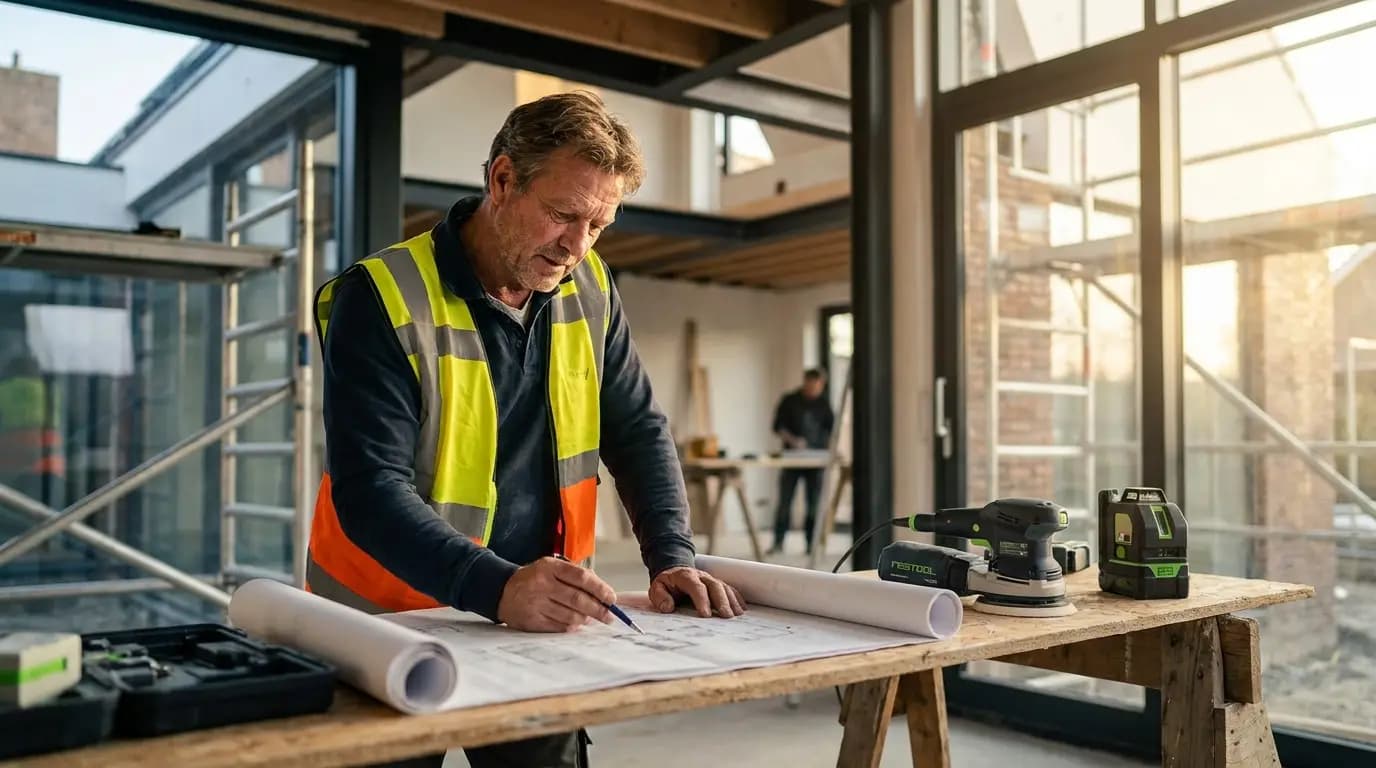 Vakman bezig met garage bouwen in een Nederlandse woning