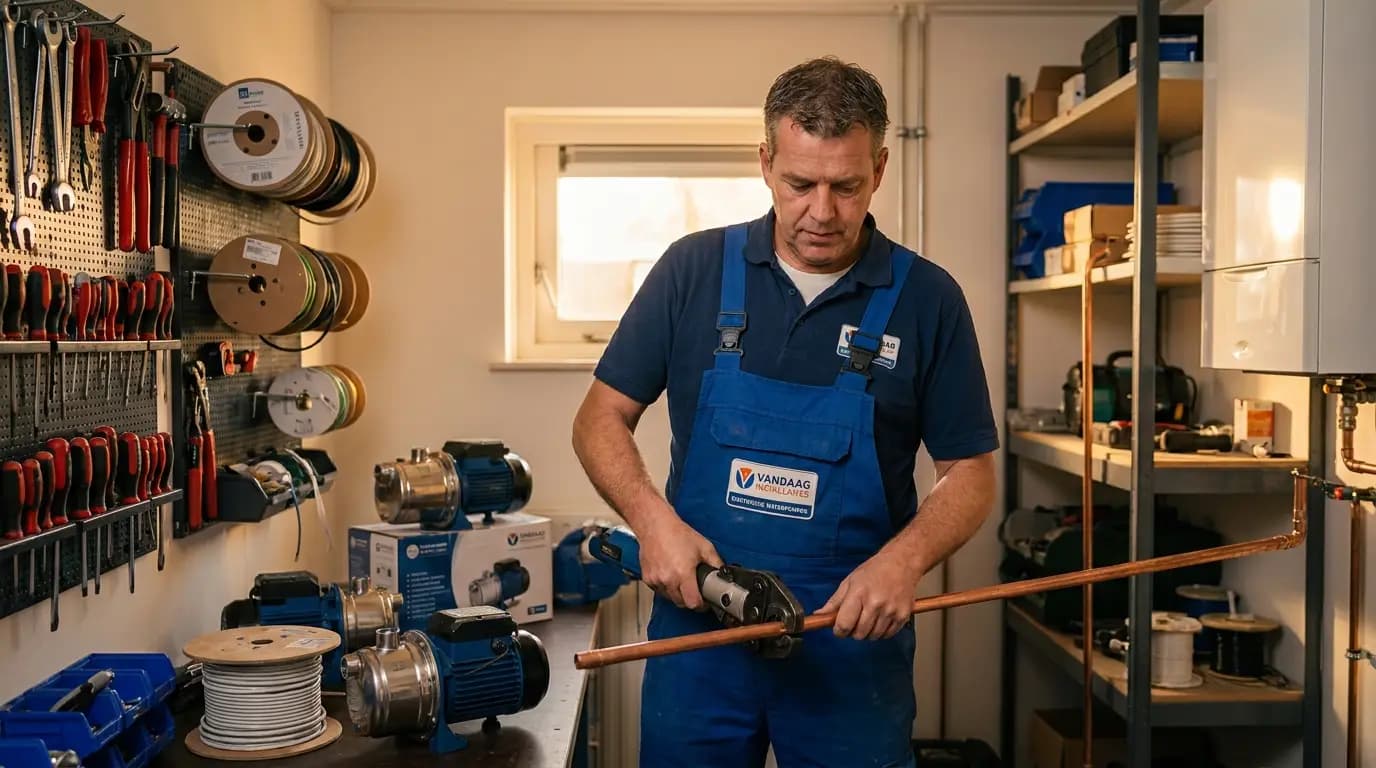 Vakman bezig met het installeren van een elektrische waterpomp in een Nederlandse woning