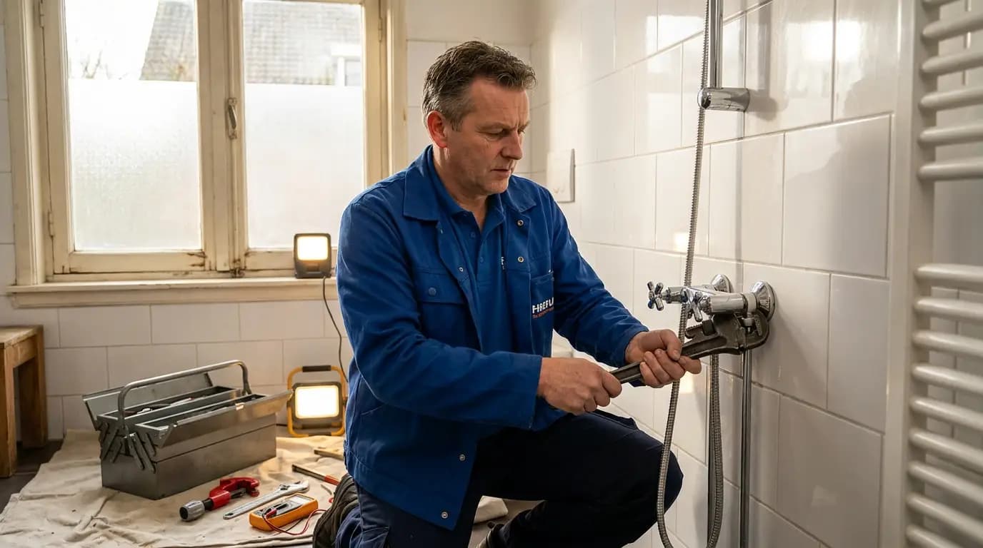 Vakman bezig met douche of bad reparatie in een Nederlandse woning