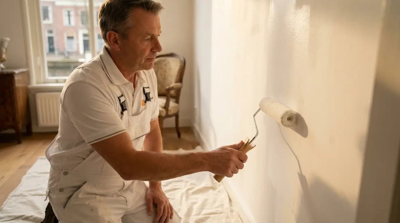 Vakman bezig met decoratief schilderwerk in een Nederlandse woning