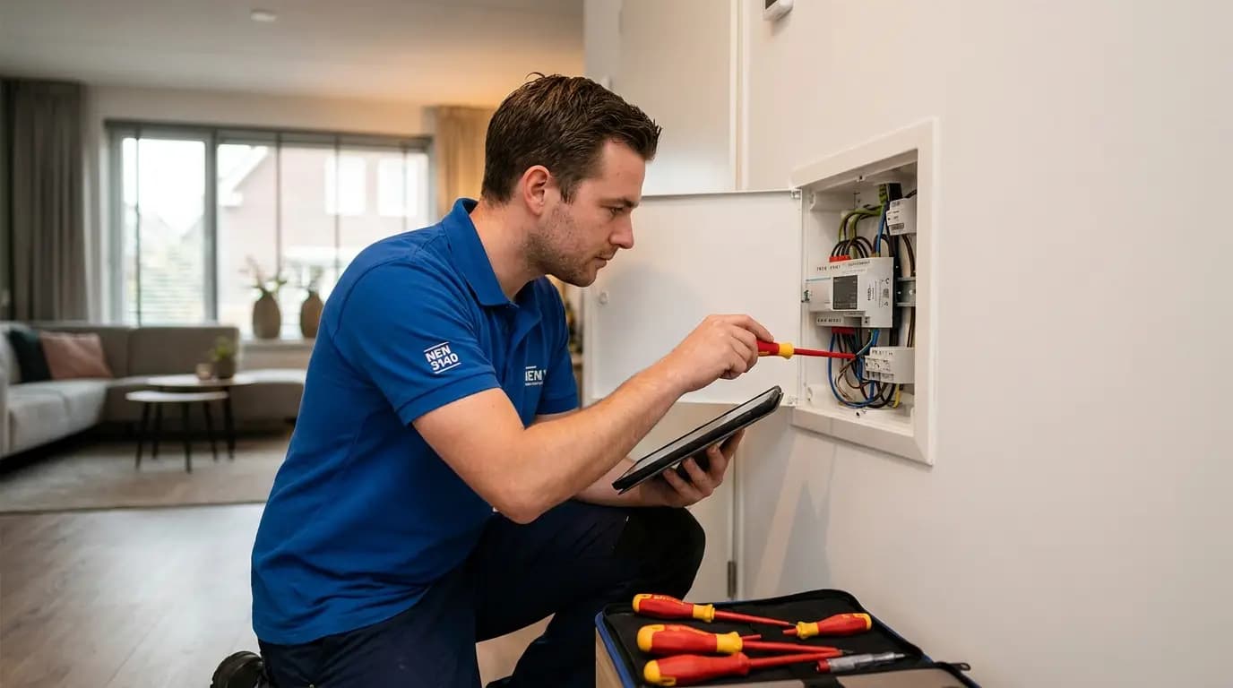 Vakman bezig met domotica of smart home installeren in een Nederlandse woning