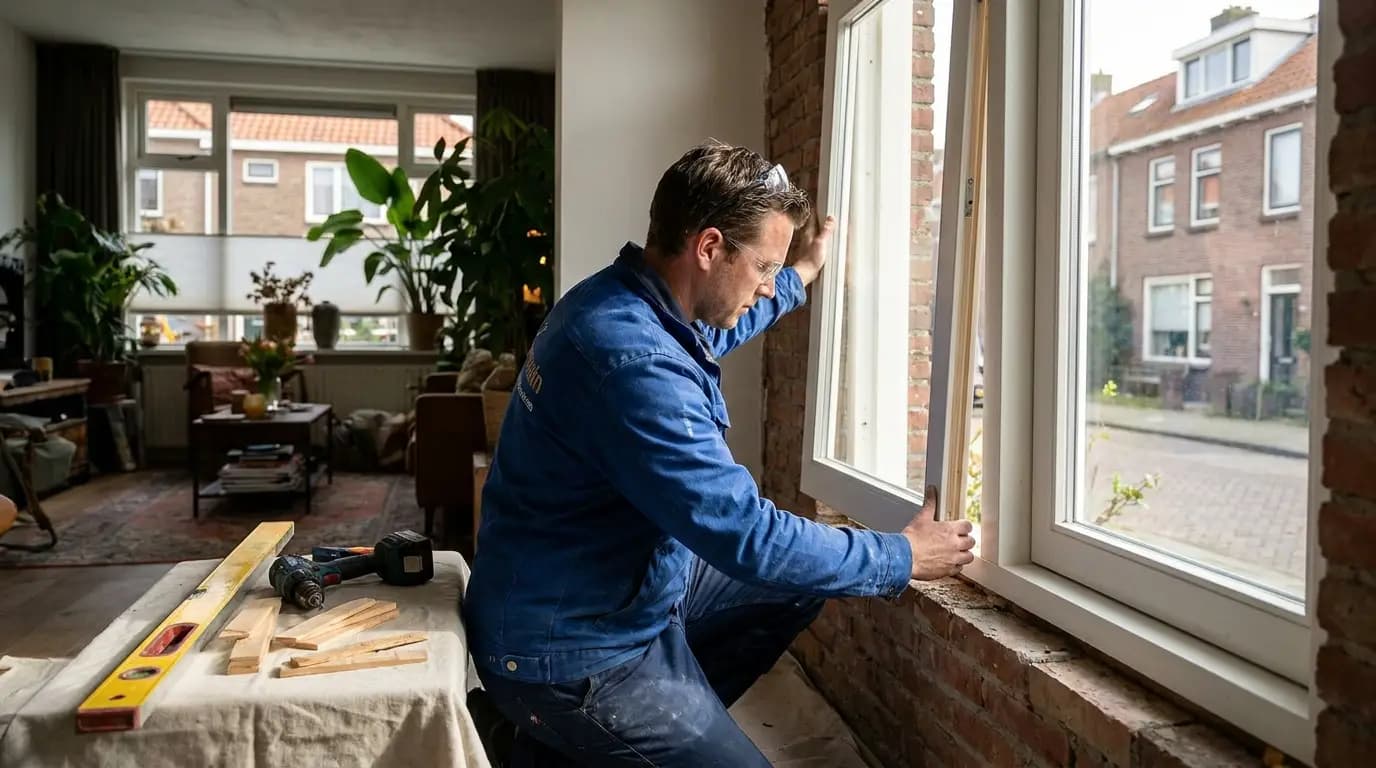 Vakman bezig met deur afhangen in een Nederlandse woning