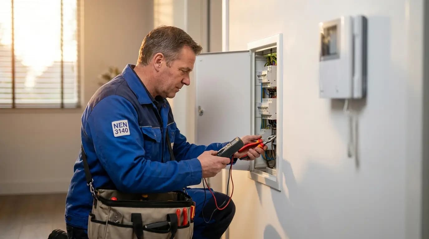 Vakman bezig met deurbel of intercom installeren of repareren in een Nederlandse woning