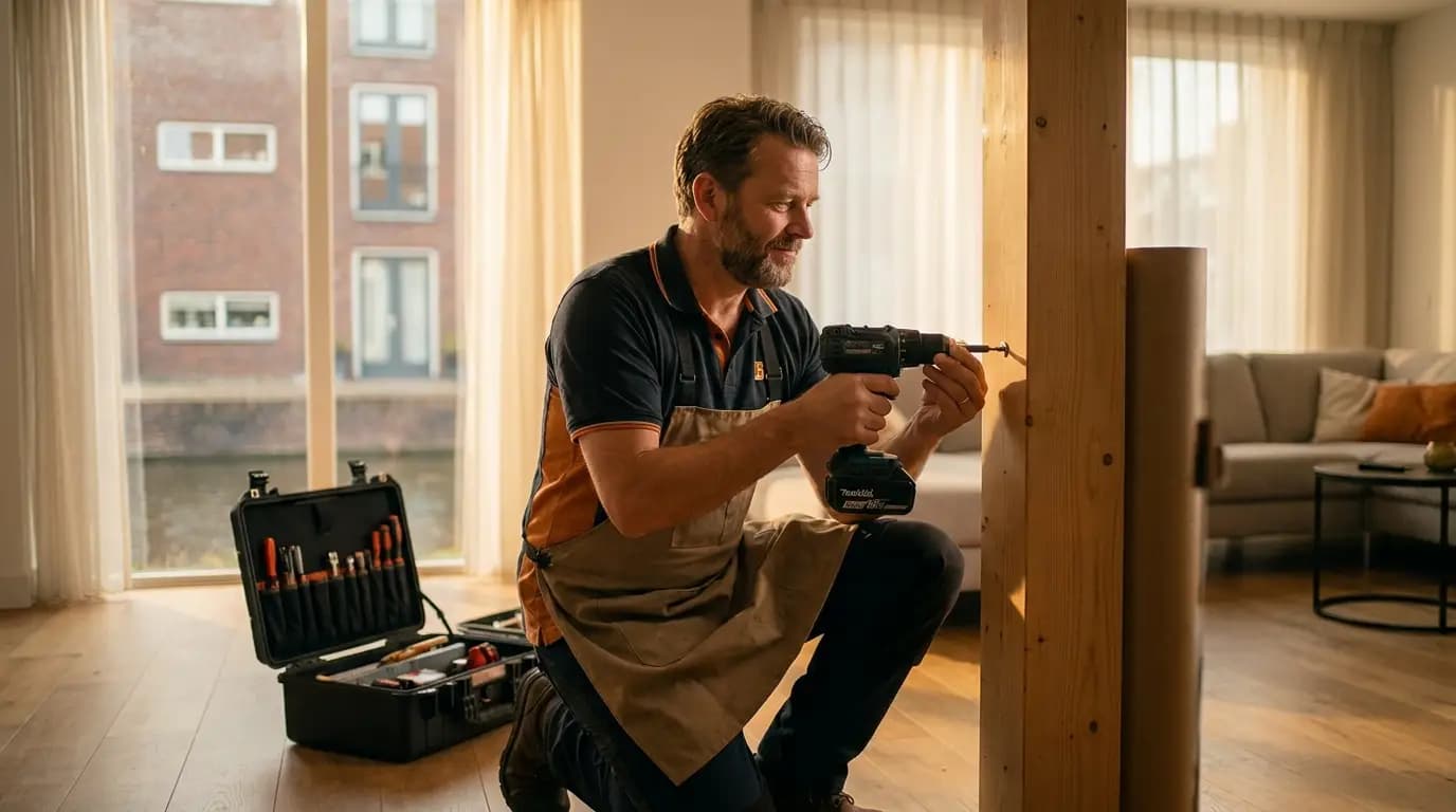 Vakman bezig met gaten boren in een Nederlandse woning